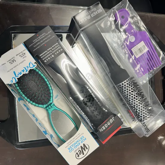 Assorted Hairdressing Brushes, Combs & Back Mirror